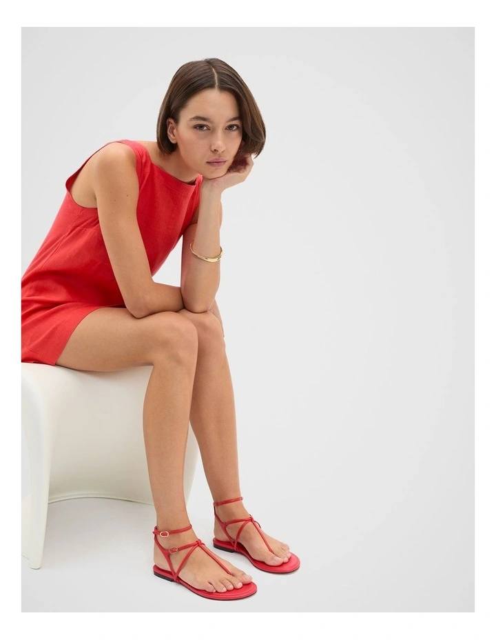 Linen Square Neck Mini Dress in Red image 3