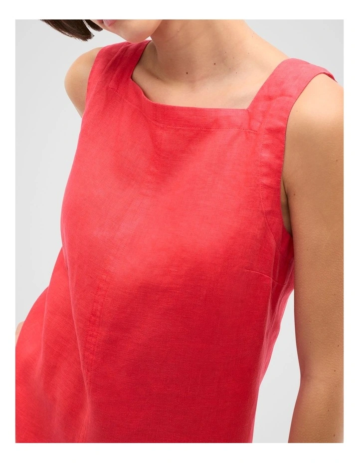 Linen Square Neck Mini Dress in Red image 4