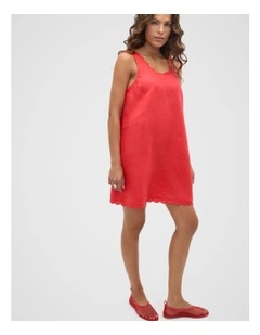 Linen Wave Scallop Sleeveless Dress in Red