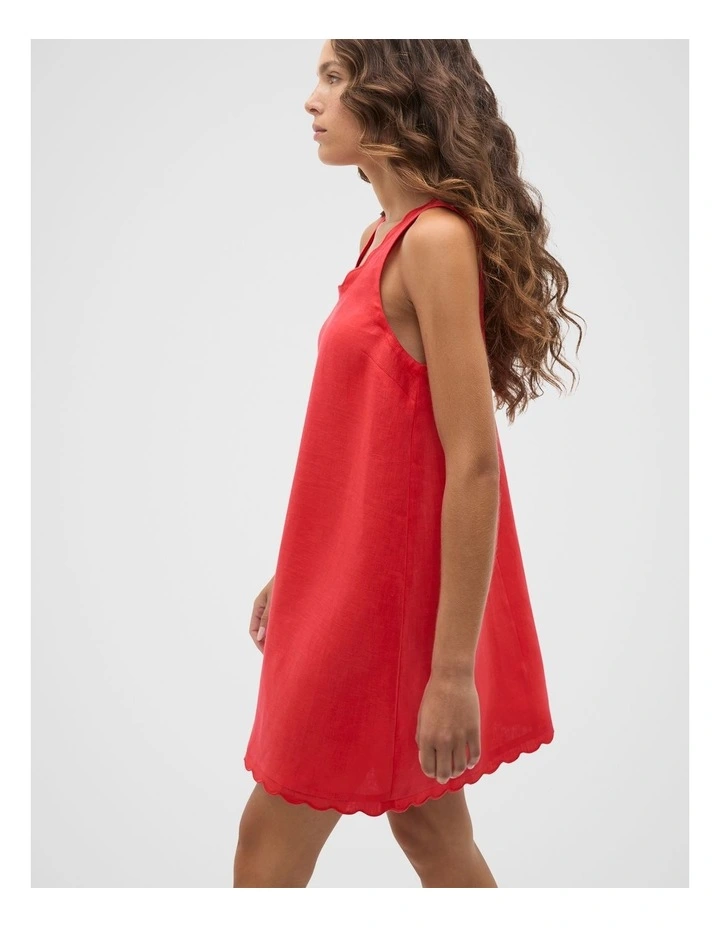Linen Wave Scallop Sleeveless Dress in Red image 3