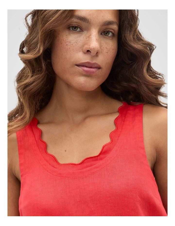 Linen Wave Scallop Sleeveless Dress in Red image 4