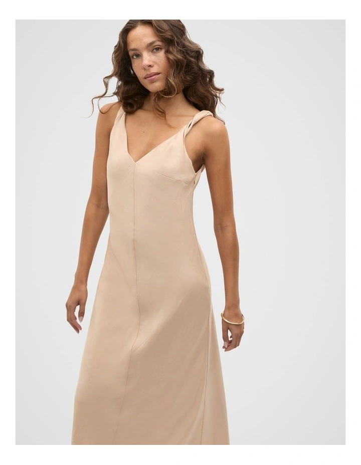 Crinkled Satin Twist Shoulder Dress in Ecru image 3