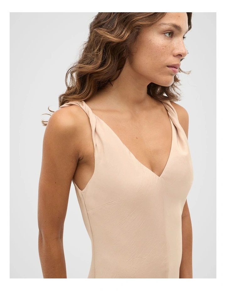 Crinkled Satin Twist Shoulder Dress in Ecru image 4