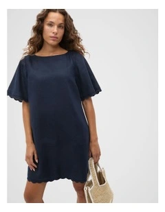 Linen Wave Scallop Mini Dress in Twilight Blue