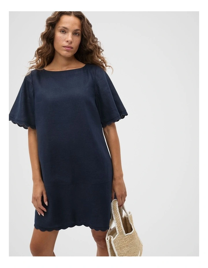 Linen Wave Scallop Mini Dress in Twilight Blue image 1