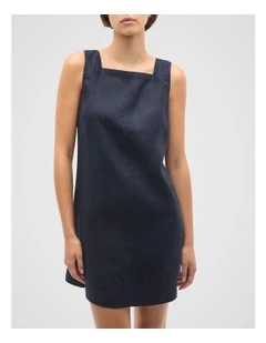 Linen Square Neck Mini Dress in Twilight Blue