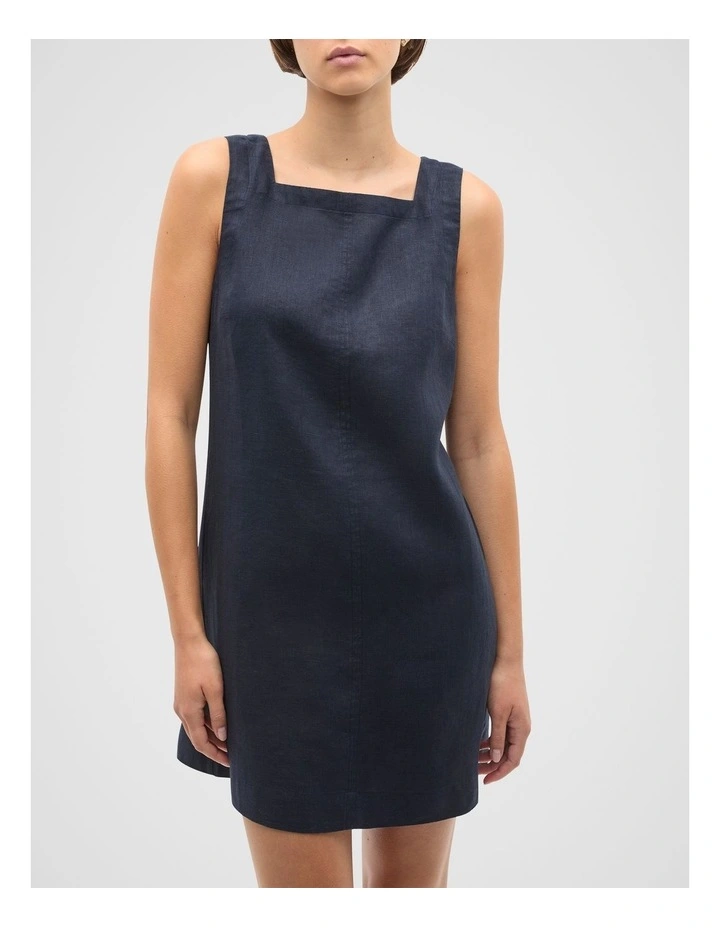Linen Square Neck Mini Dress in Twilight Blue image 1