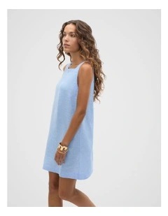 Linen Square Neck Mini Dress in Blue