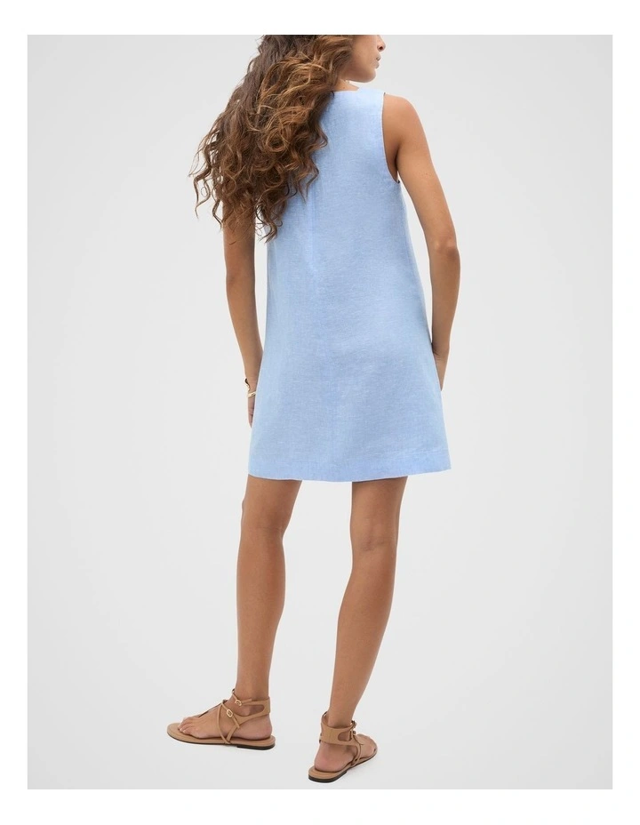 Linen Square Neck Mini Dress in Blue image 2