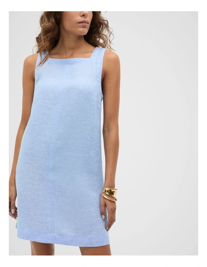 Linen Square Neck Mini Dress in Blue image 4