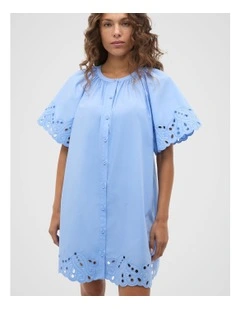 Poplin Broderie Mini Dress in Blue