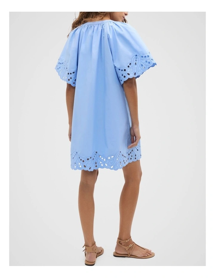 Poplin Broderie Mini Dress in Blue image 2