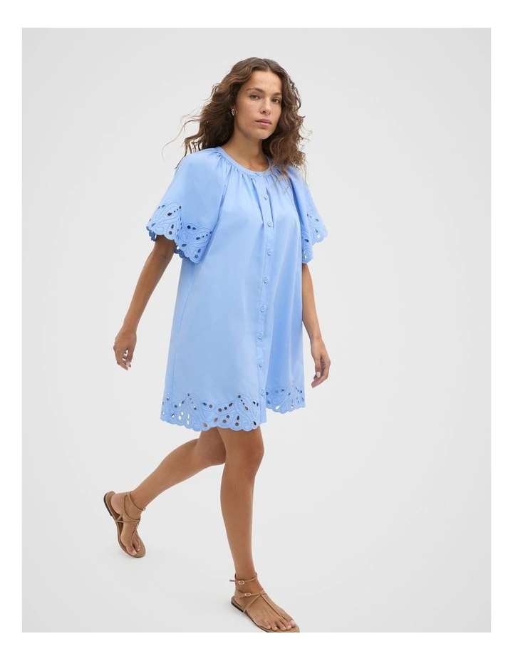 Poplin Broderie Mini Dress in Blue image 3