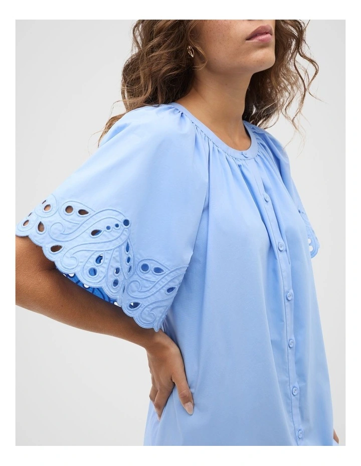 Poplin Broderie Mini Dress in Blue image 4
