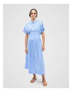 Poplin Variegated Stripe Midi Dress in Cornflower Blue Stripe