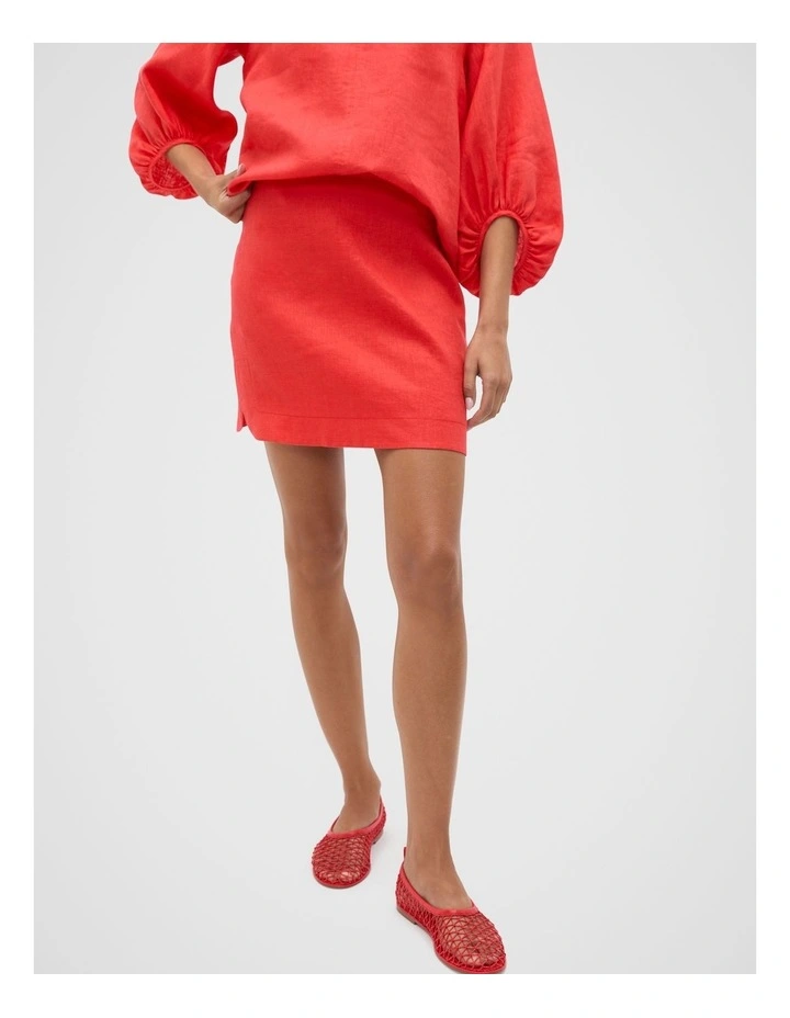 Linen Curve Hem Mini Skirt in Red image 1