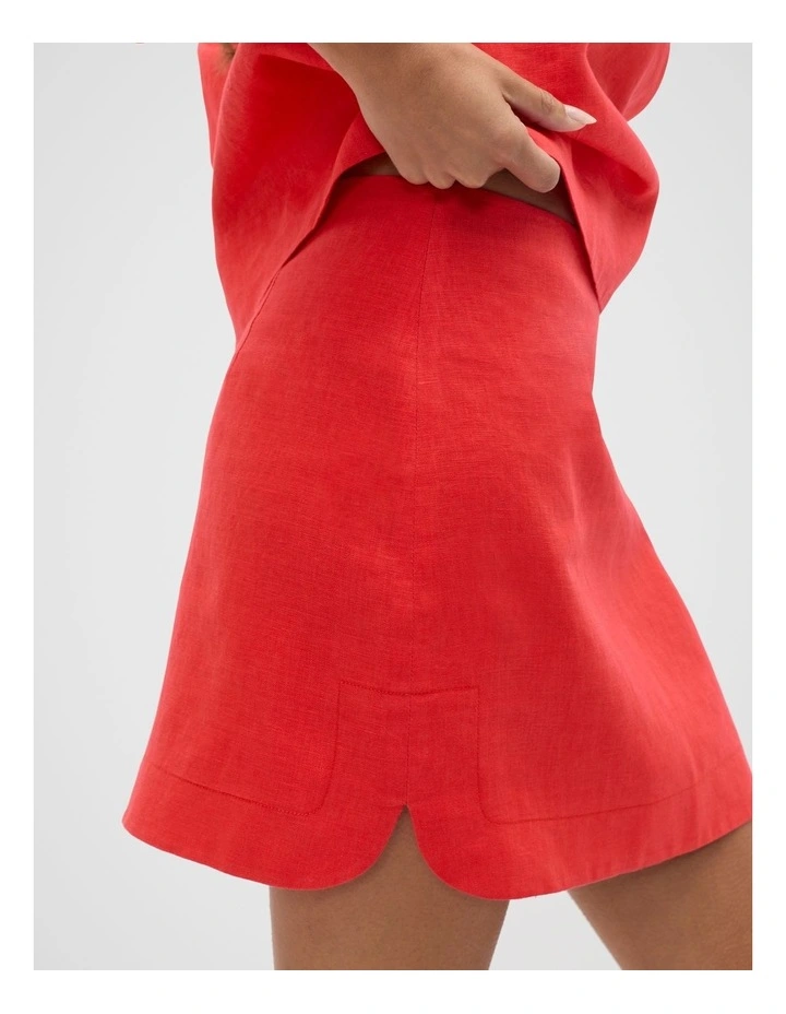 Linen Curve Hem Mini Skirt in Red image 3