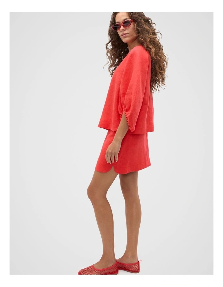 Linen Curve Hem Mini Skirt in Red image 4