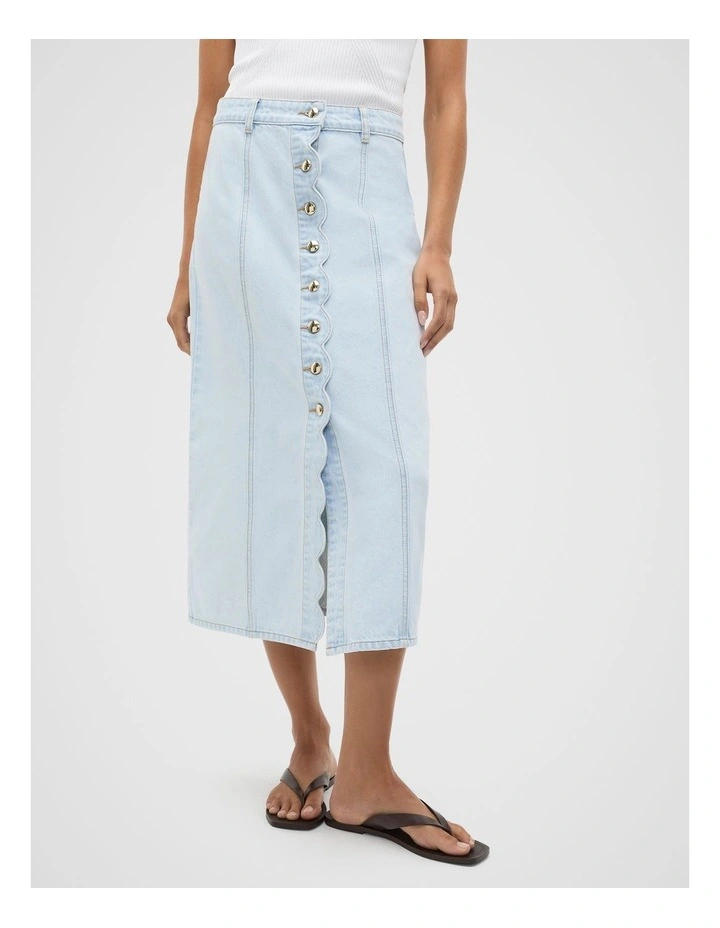Denim Scallop Midi Skirt in Cornflower Wash image 1