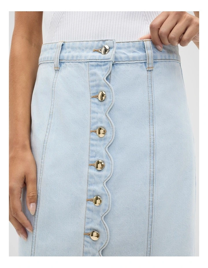 Denim Scallop Midi Skirt in Cornflower Wash image 3