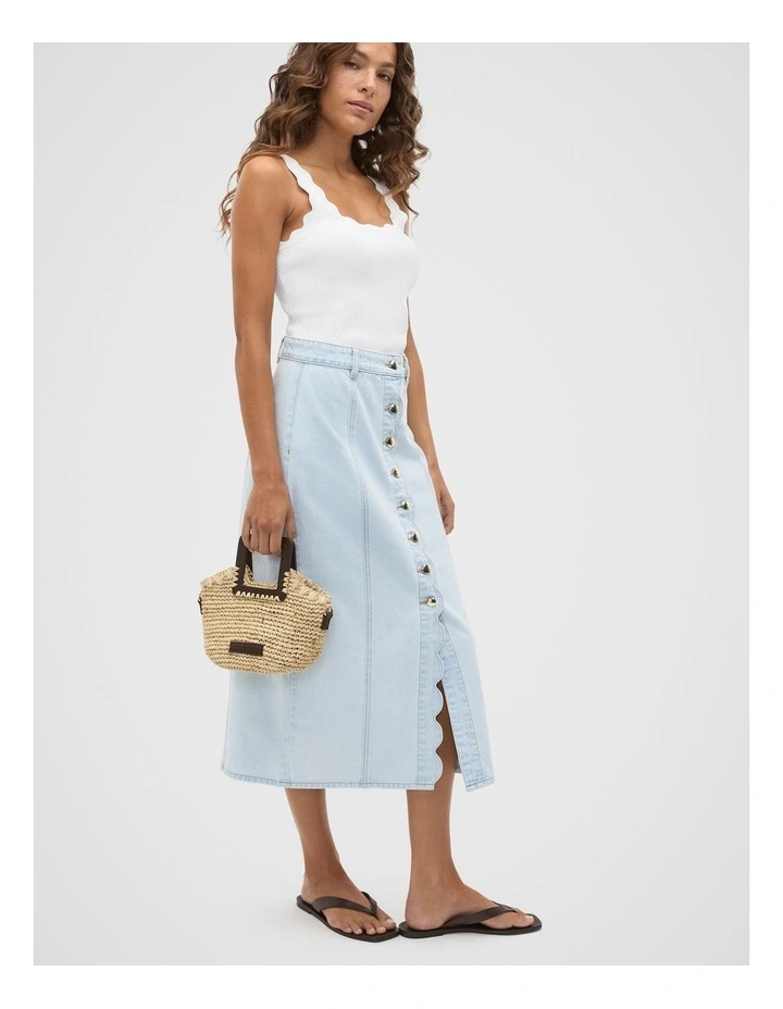 Denim Scallop Midi Skirt in Cornflower Wash image 4
