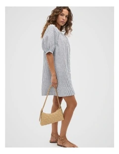 Linen Gathered Mini Dress in Twilight Blue Stripe