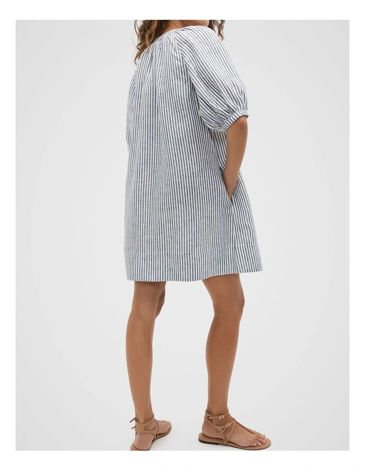 Linen Gathered Mini Dress in Twilight Blue Stripe image 2