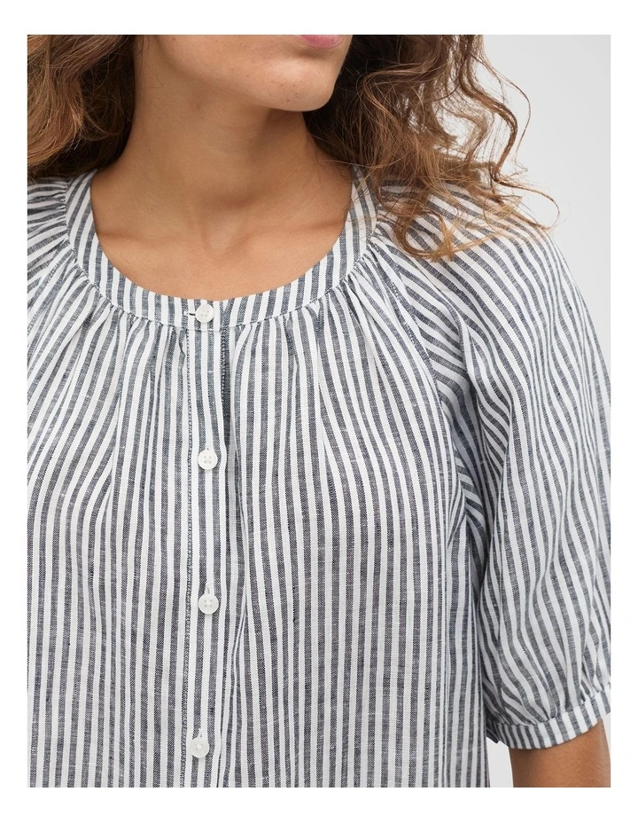 Linen Gathered Mini Dress in Twilight Blue Stripe image 3