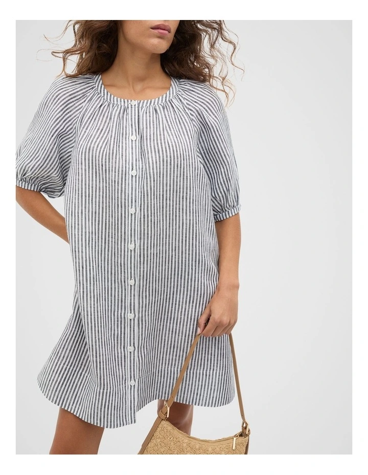 Linen Gathered Mini Dress in Twilight Blue Stripe image 4