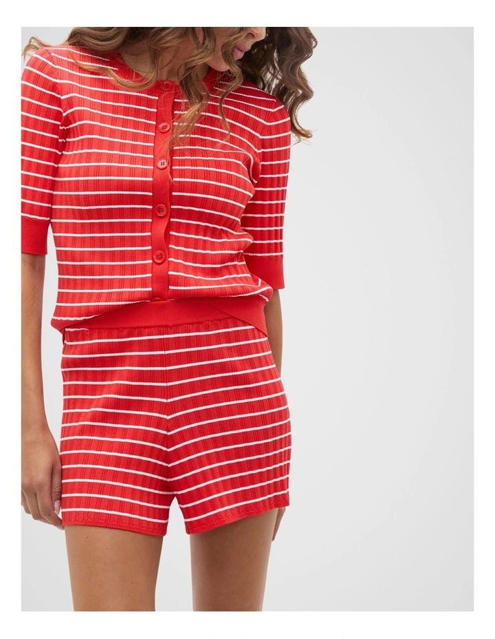 Stripe Rib Knit Short Sleeve Cardigan in Electric Crimson Stripe image 1