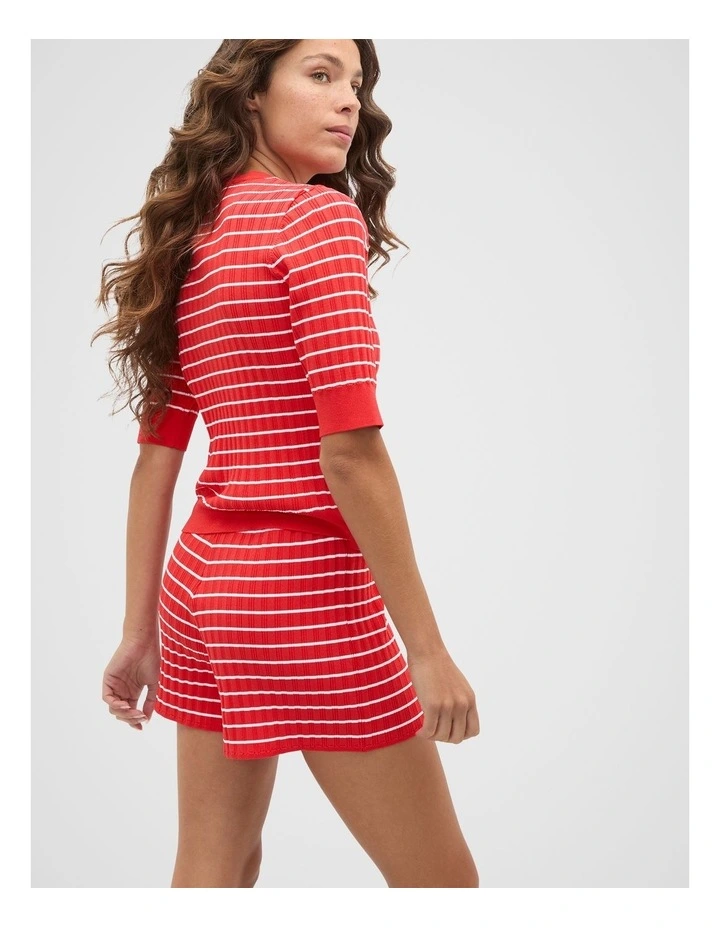 Stripe Rib Knit Short Sleeve Cardigan in Electric Crimson Stripe image 2