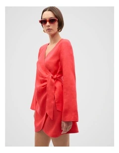 Linen Wrap Mini Dress in Electric Crimson