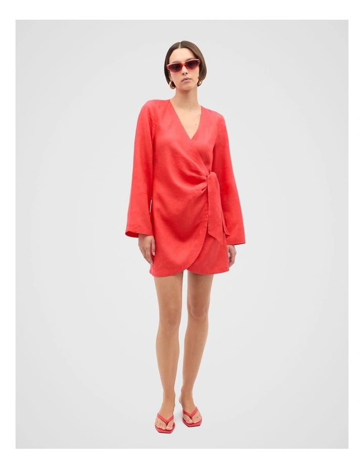 Linen Wrap Mini Dress in Electric Crimson image 3