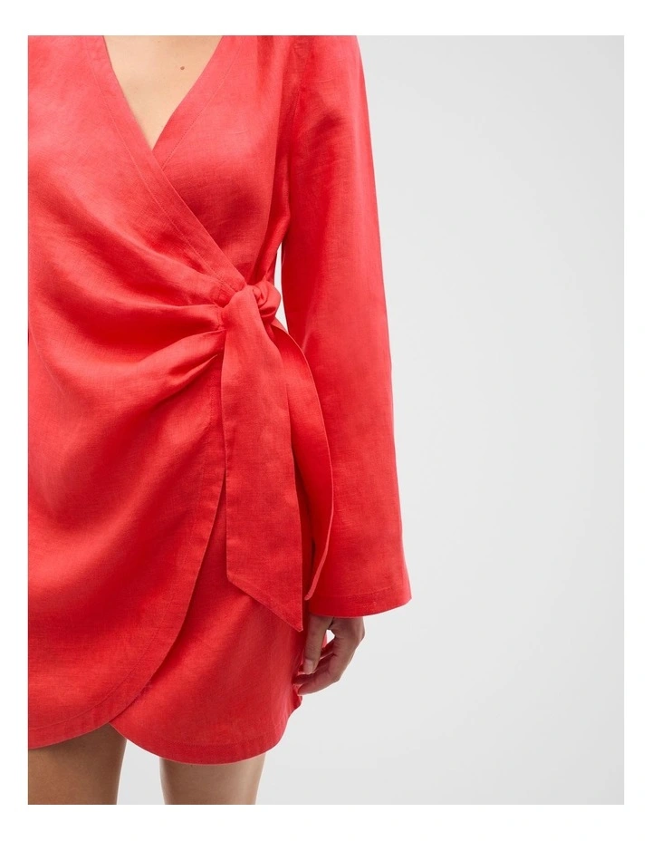 Linen Wrap Mini Dress in Electric Crimson image 4