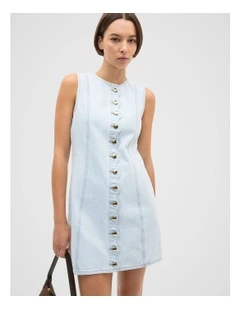 Denim Scallop Mini Dress in Cornflower Wash