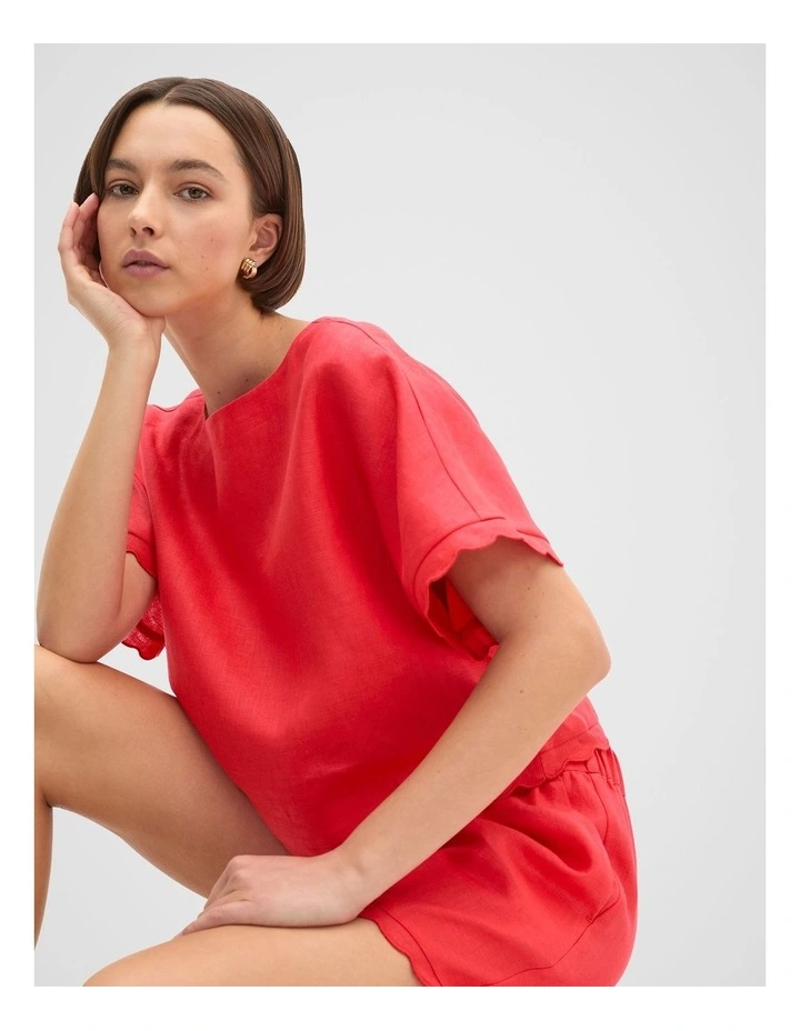 Linen Wave Scallop Boxy Tee in Electric Crimson image 1