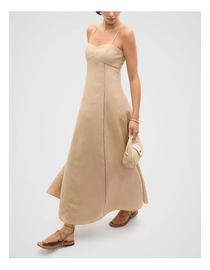 Linen Trim Insert Midi Dress in Ecru image 1