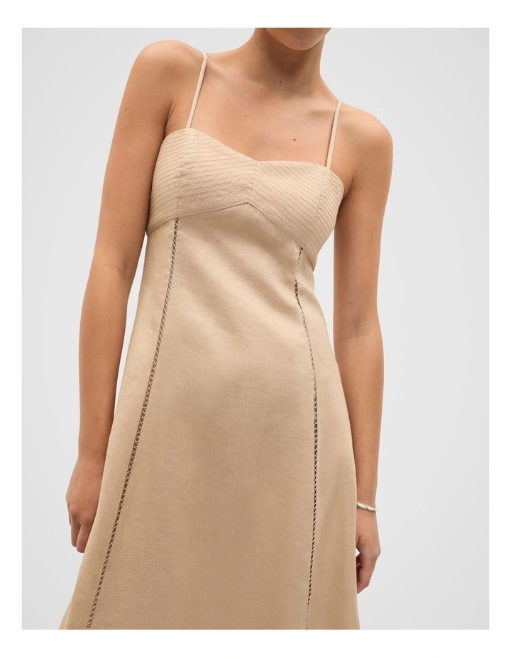 Linen Trim Insert Midi Dress in Ecru image 3