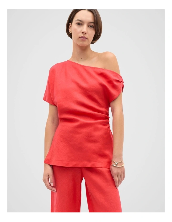 Linen Draped Split Hem Top in Red image 1