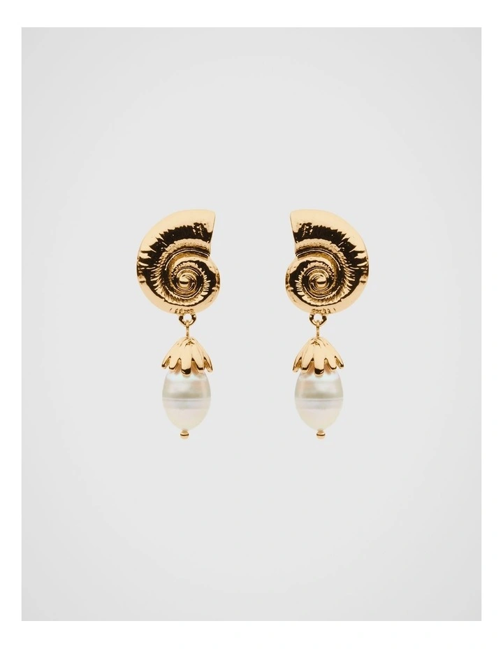 Spiral Shell Pearl Drop Earring in Gold image 1