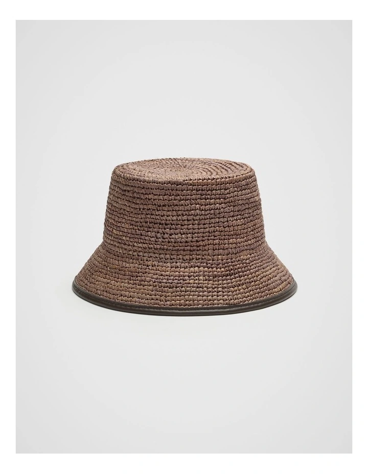 Trim Detail Raffia Bucket Hat in Brown image 1