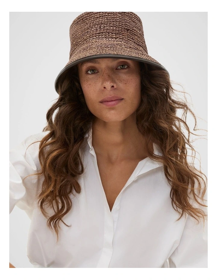 Trim Detail Raffia Bucket Hat in Brown image 2