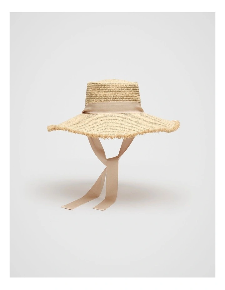 Wide Brim Tie Detail Hat in Ecru image 1