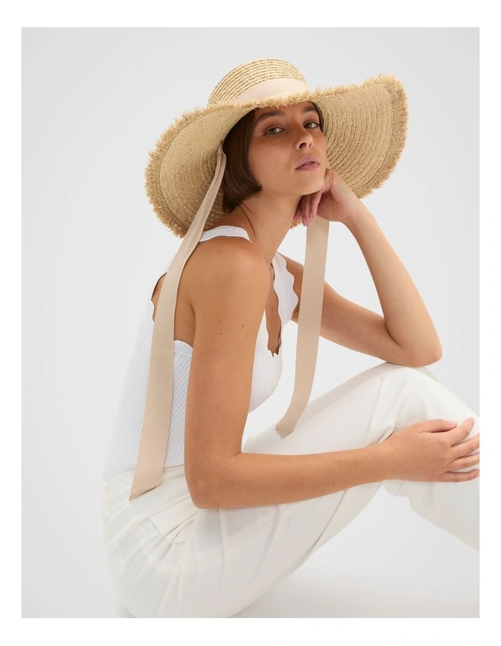 Wide Brim Tie Detail Hat in Ecru image 2