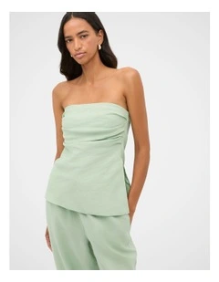 Linen Strapless Tuck Detail Top in Eucalyptus