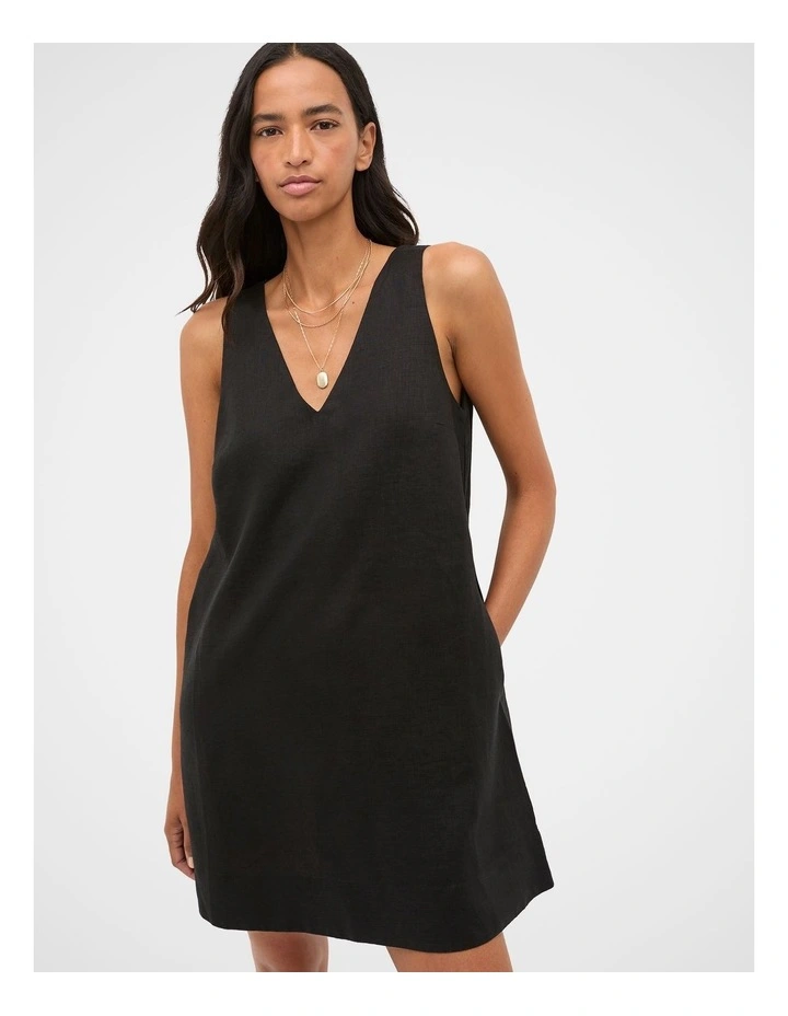 Linen V Neck Mini Dress in Black image 1