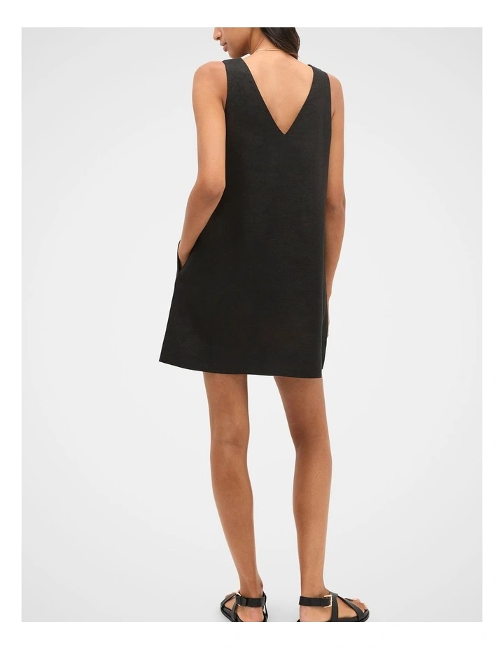 Linen V Neck Mini Dress in Black image 2