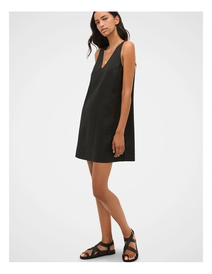 Linen V Neck Mini Dress in Black image 3