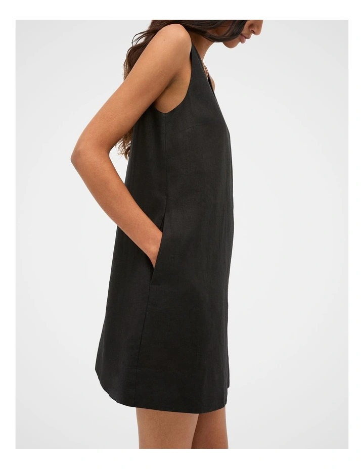 Linen V Neck Mini Dress in Black image 4