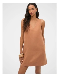 Linen V Neck Mini Dress in Copper